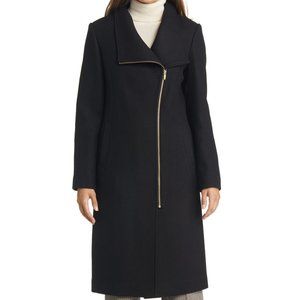 COLE HAAN Asymmetric Zip Fine Twill Wool Blend Coat - Black Women's Size 8